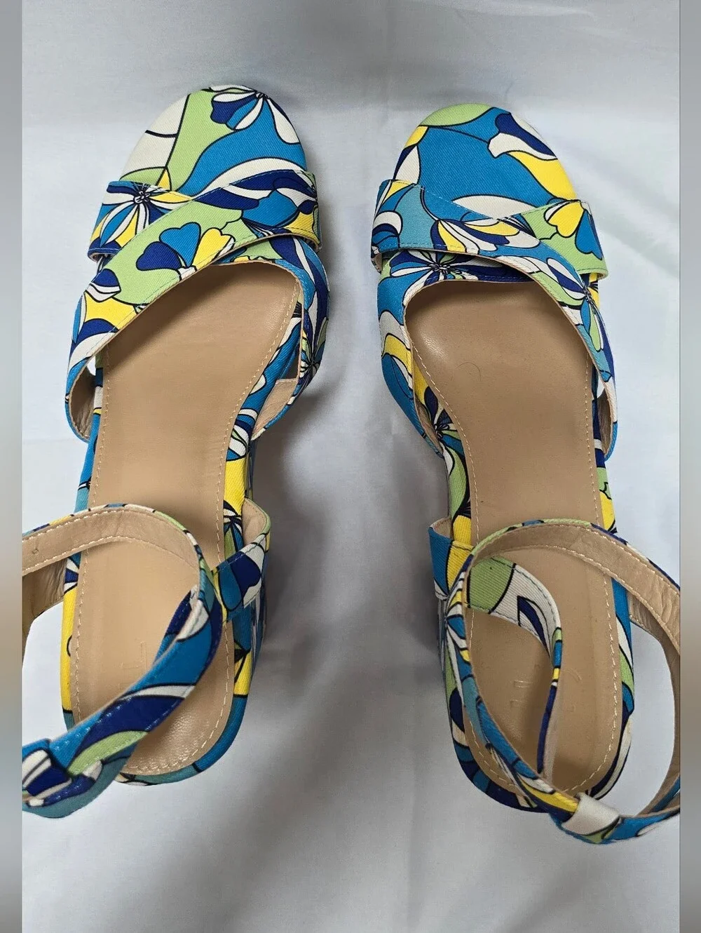 JustFsb Retro Floral Platform Wedge Sandals Blue Green Yellow